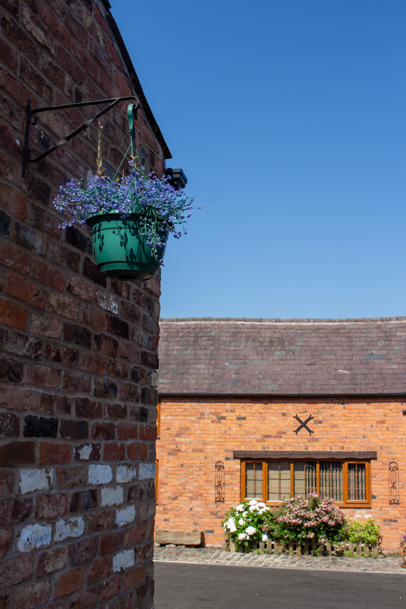 A hanging basket in flower beside the courtyard at Hill Farm