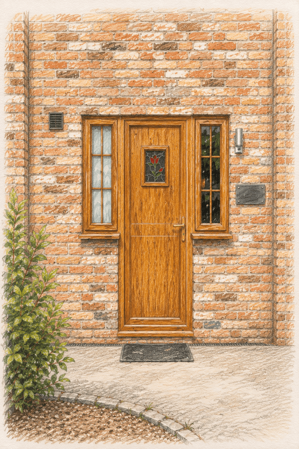 The oak front door of The Gate House, set in warm brick