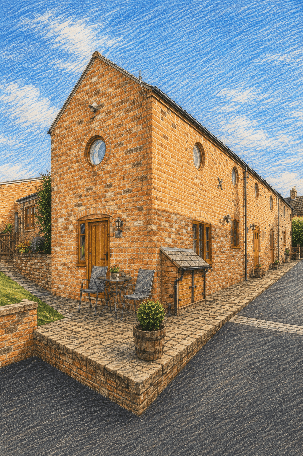 Oak Cottage — the converted brick barn with round windows and a terrace
