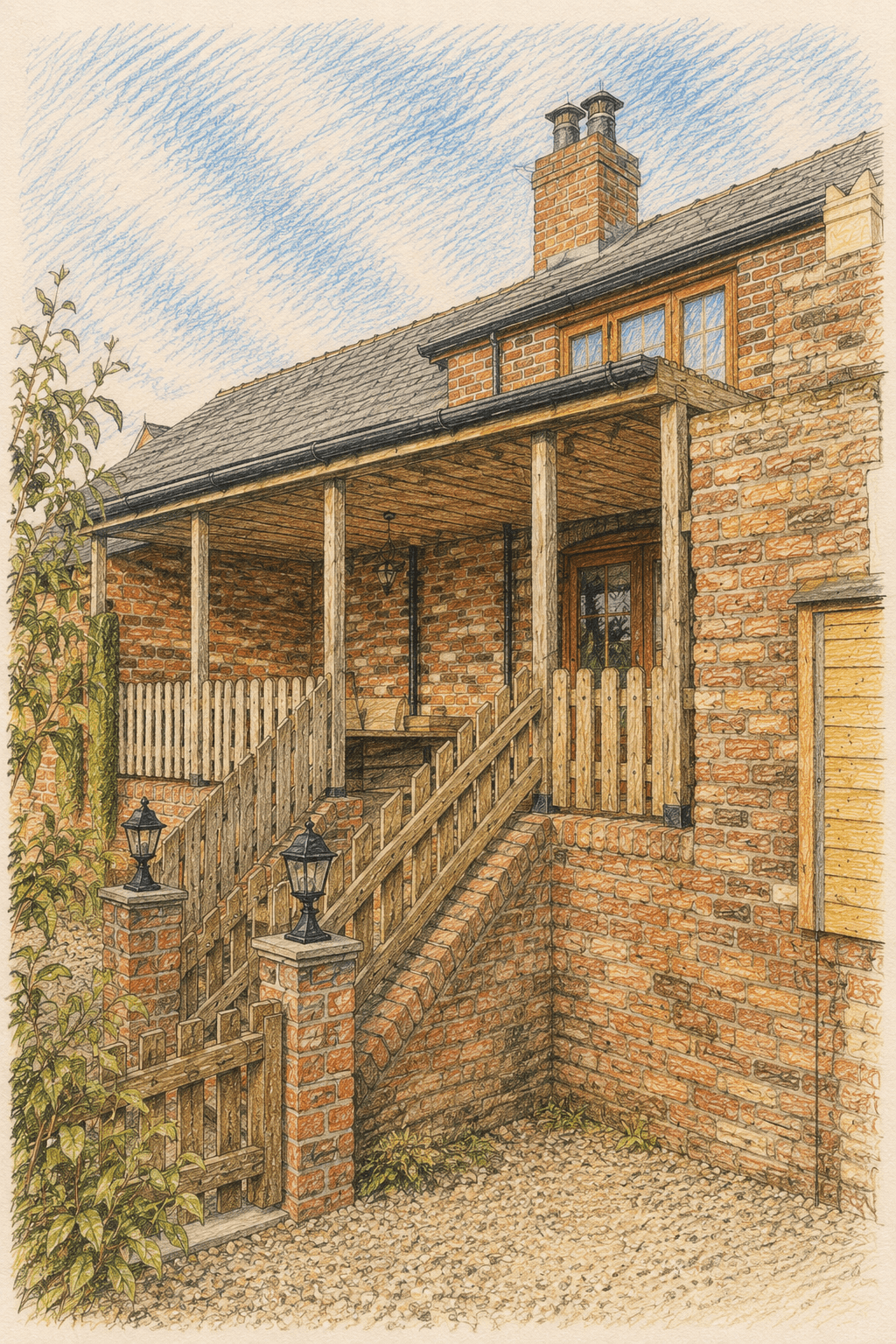 Orchard House — the brick cottage with its timber veranda and steps
