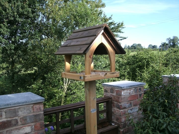 A bird table in the garden, with the Cheshire countryside beyond