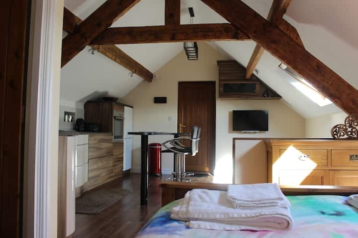 The open-plan kitchen and living space beneath the barn's exposed roof timbers