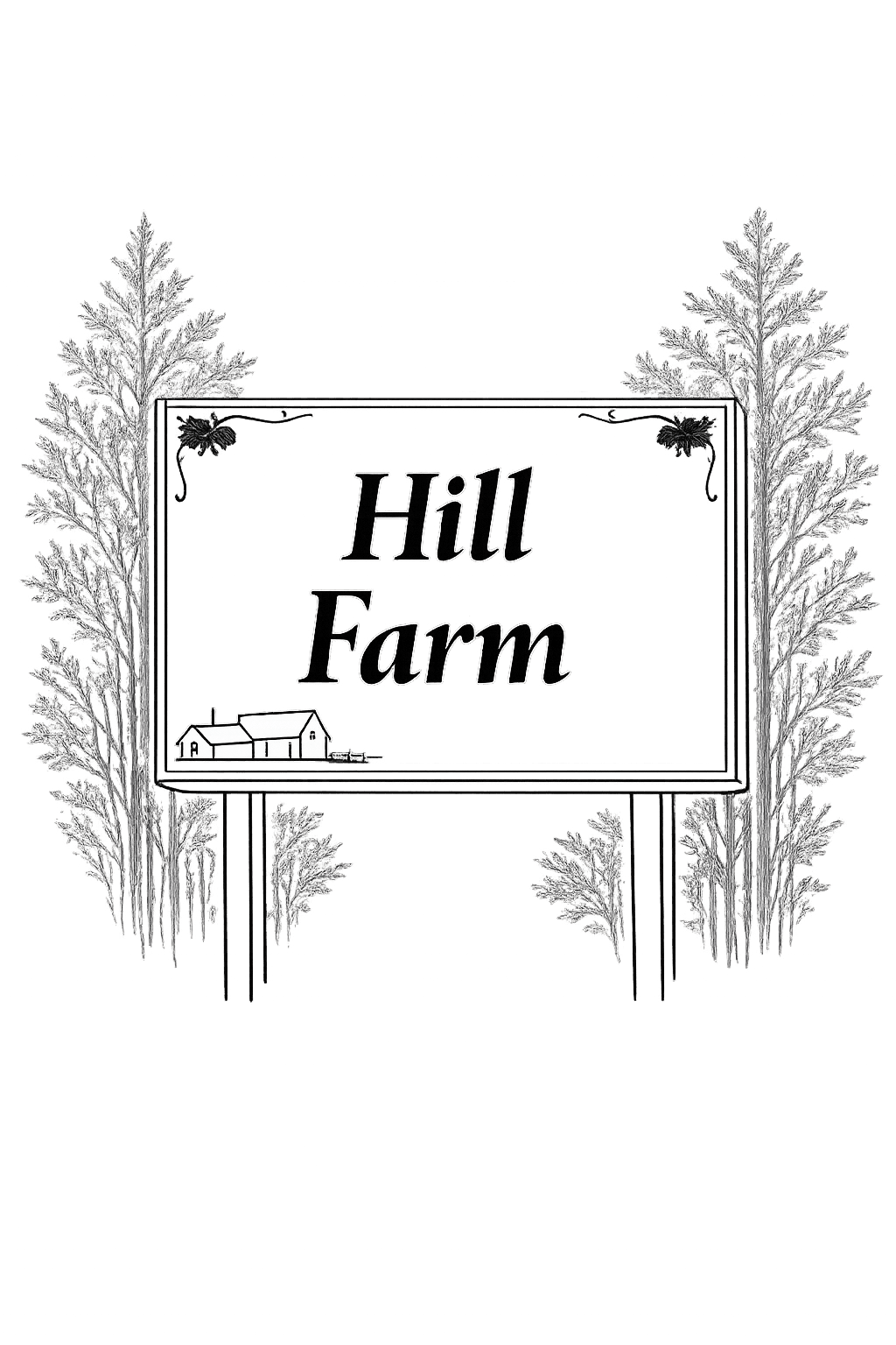 An illustration of the Hill Farm entrance sign, framed by trees