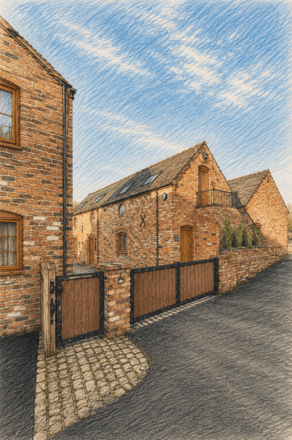 Rose Cottage — brick cottages behind the gated entrance at Hill Farm