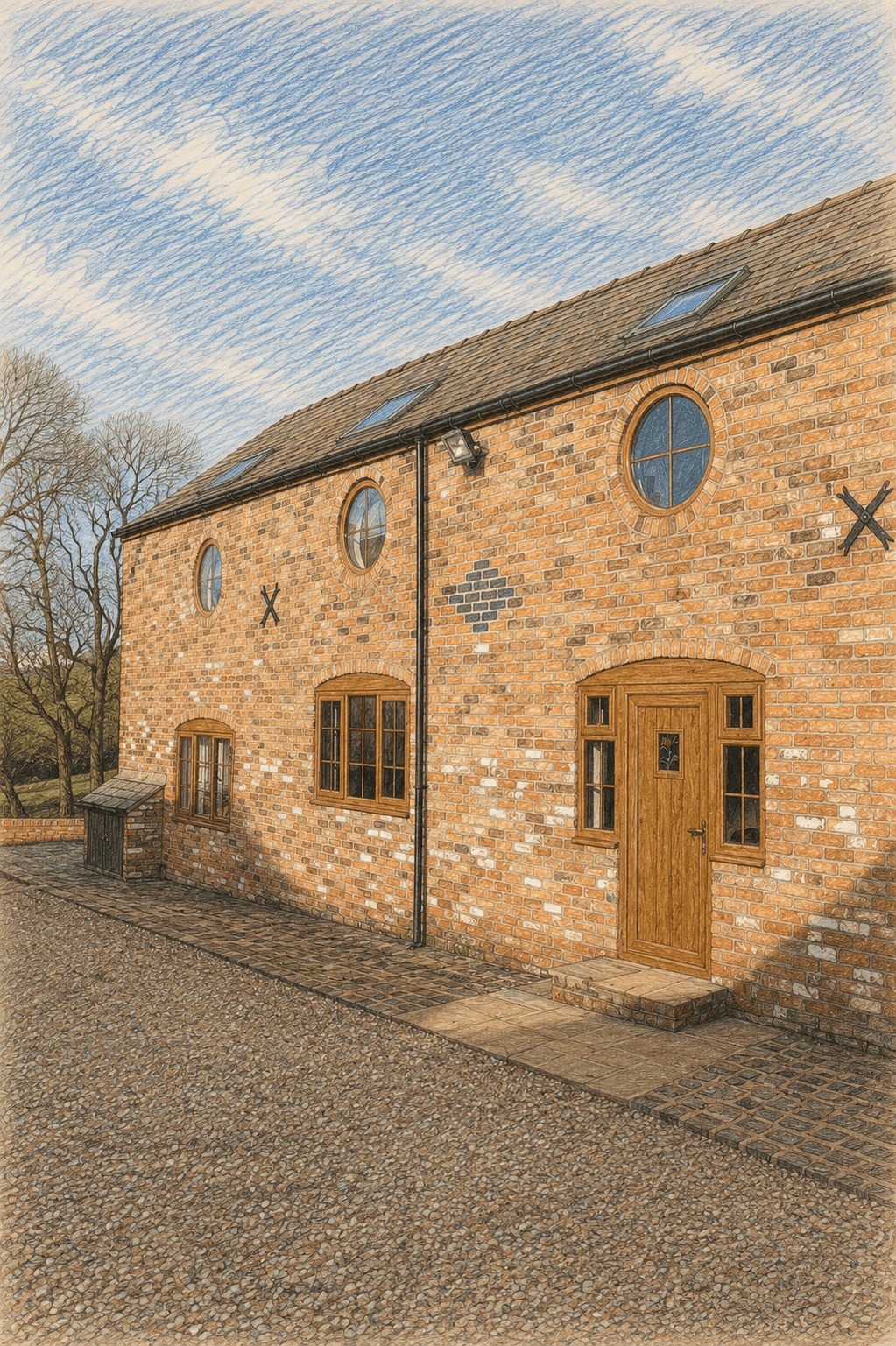 Sunnyside — the ground-floor entrance of the converted barn in morning sun