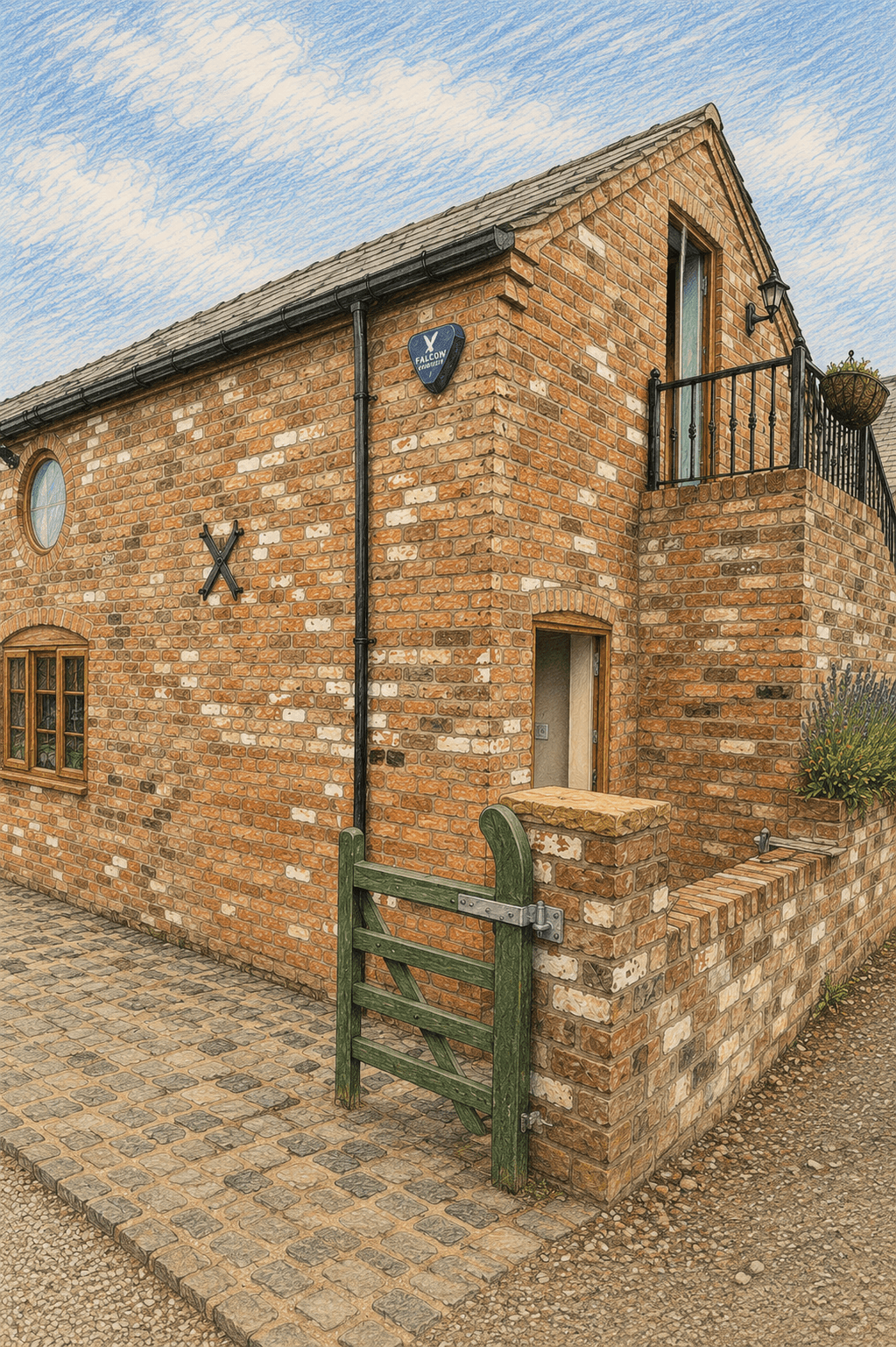The Lodge — the gated corner entrance of the converted barn